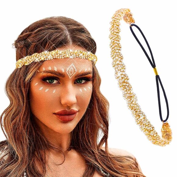 Gold Elastic Rhinestone headbands Sparkly Crystal Headpiece Hair Accessories - Picture 1 of 8
